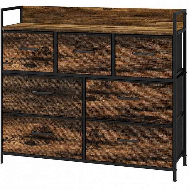 Modfu KOMODA z polyesteru 98x29x85 cm hnědá se 7 zásuvkami, horní odkládací plochou a ocelovým rámem