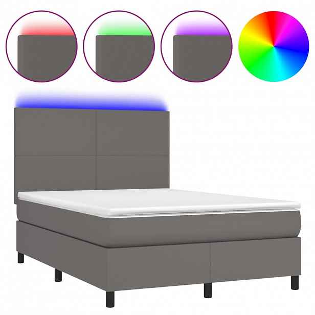 vidaXL Box spring postel s matrací a LED šedá 140x200 cm umělá kůže