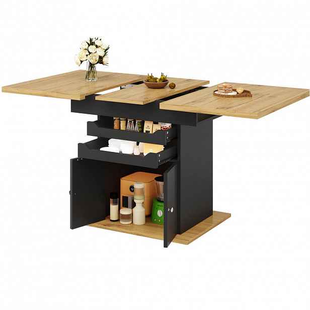 Modfu JÍDELNÍ stůl 110-140x80x76 cm černý z MDF s úložným prostorem a rozkládací deskou