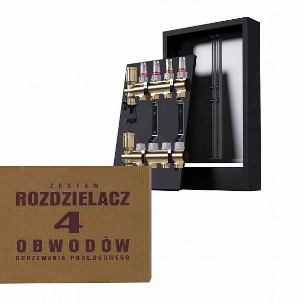 Rozdělovač na podlahy mosazný 4-okruhový a nástěnný box černý
