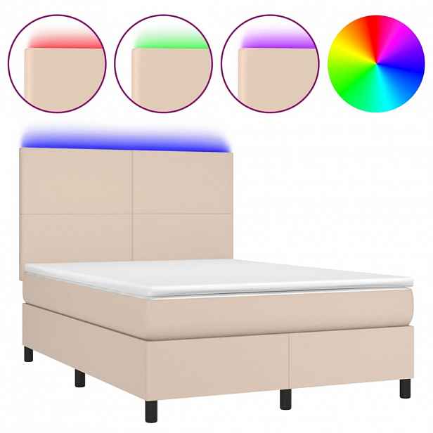 vidaXL Box spring postel matrace a LED cappuccino 140x200cm umělá kůže