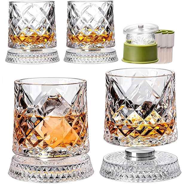 4X Sklenice Na Whisky 280ML Rotační Sklo S Podstavcem Dárek