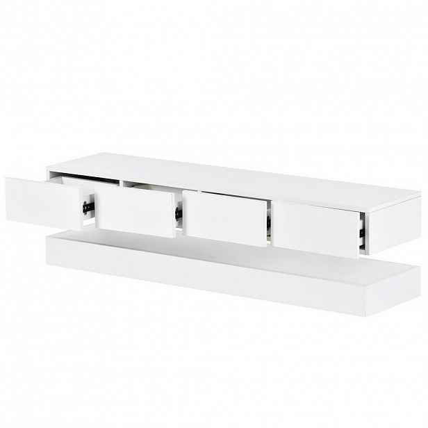 Modfu NÁSTĚNNÝ TV stolek z MDF 130x33x15 cm bílý s LED osvětlením, Bluetooth aplikací, USB a 4 zásuvkami