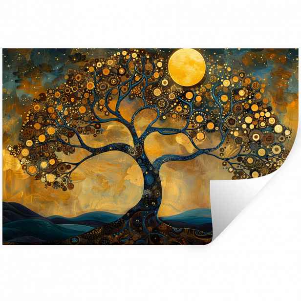 MuchoWow SAMOLEPKA NA ZEĎ Strom - Měsíc - Květiny - Zlato - Umění 60x40 cm