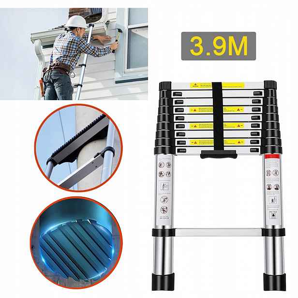 Žebřík Teleskopický Skládací Hliníkový Stabilní Protiskluzový 3.9M 150KG