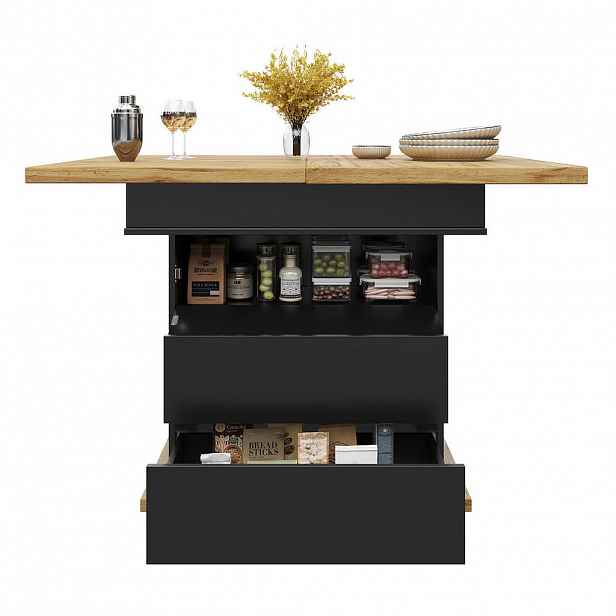 Modfu JÍDELNÍ stůl z MDF 110x80x75 cm černá/přírodní rozkládací se skrytým úložným prostorem a policemi