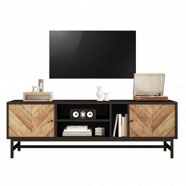 Modfu TV stolek z dřevotřísky 150x38x55 cm černá/přírodní se 2 skříňkami a 3 přihrádkami, kovové nohy