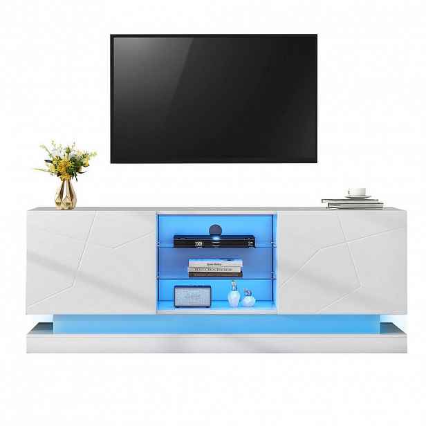 Modfu TV stolek z dřevotřísky 160x38,5x60 cm bílý s nastavitelnou skleněnou policí, USB osvětlením a tichými panty