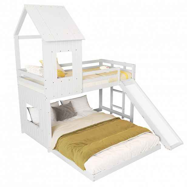 OKWISH PATROVÁ postel 90/200 cm a 140/200 cm bílá se skluzavkou z borovice a MDF