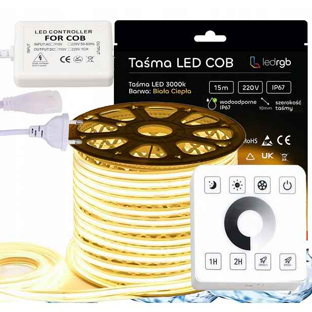 Set Led pásek Cob 230V 15m 3000K Bílý Teplý Napájecí Zdroj Ovladač Dálkový Ovladač