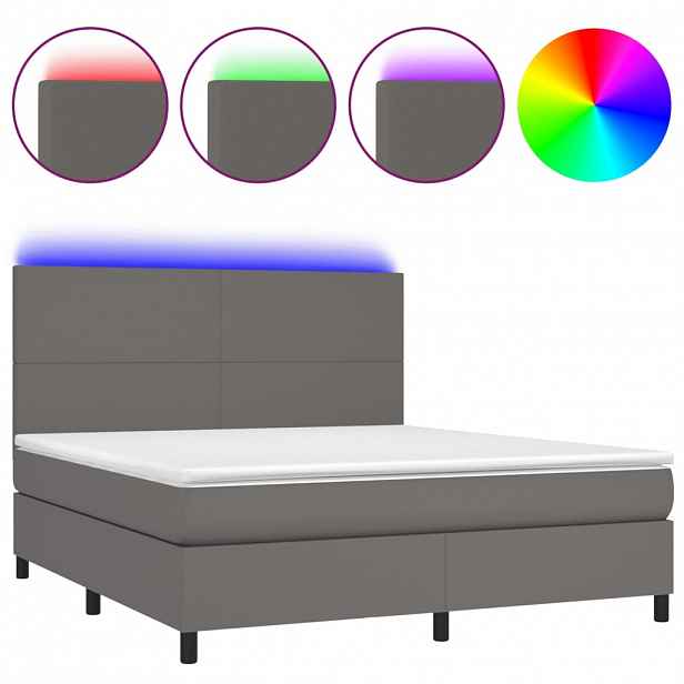 vidaXL Box spring postel s matrací a LED šedá 160x200 cm umělá kůže