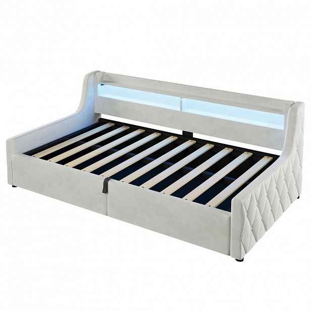CHICFURN ČALOUNĚNÁ POSTEL 90/200 cm v krémově bílé barvě s úložným prostorem a LED osvětlením