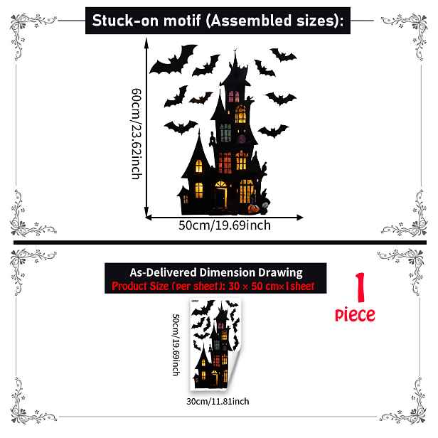 TEMU Svítící statické samolepky na okna s halloweenskou siluetou, dekorativní nálepky s netopýrů v tmavém stylu pro výlohy obchodů