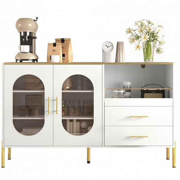 Modfu KOMODA z MDF 140x38x90 cm bílá se 2 zásuvkami, 2 skleněnými dvířky a kabelovými průchodkami