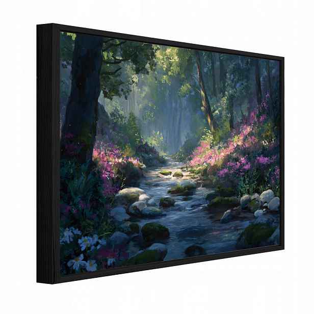 Wallarena ZARÁMOVANÉ obrazy les řeka béžová 120x80 cm
