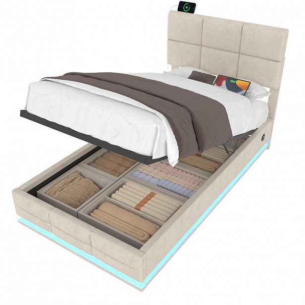 CHICFURN ČALOUNĚNÁ POSTEL 90/200 cm v béžové barvě se sametovým potahem, LED, USB a úložným prostorem