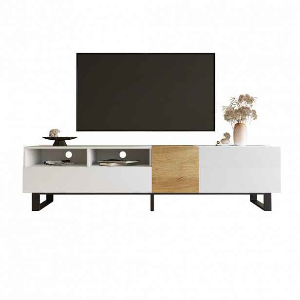 Modfu TV stolek z MDF 180x50x38 cm bílá a dřevodekor se 2 zásuvkami, 2 dvířky a černými kovovými nohami