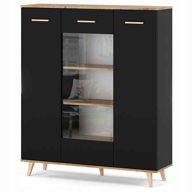 Skleněná Vitrína 120 CM Skříň Regál Komoda Do Obývacího Pokoje Černá Dub Wotan Loft