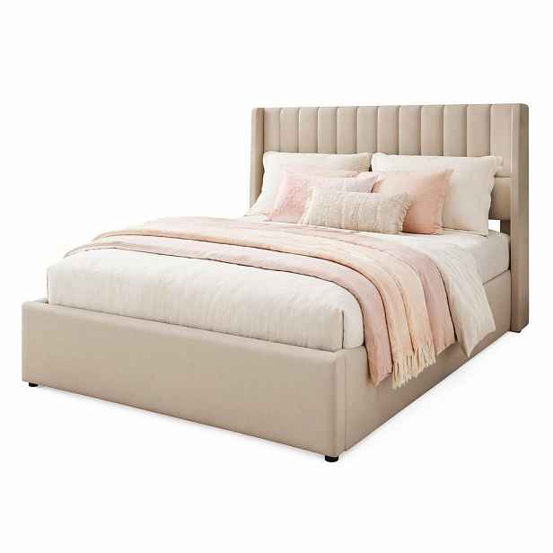 CHICFURN ČALOUNĚNÁ POSTEL 140/200 cm v béžové lněné látce s úložným prostorem a vertikálním prošitím