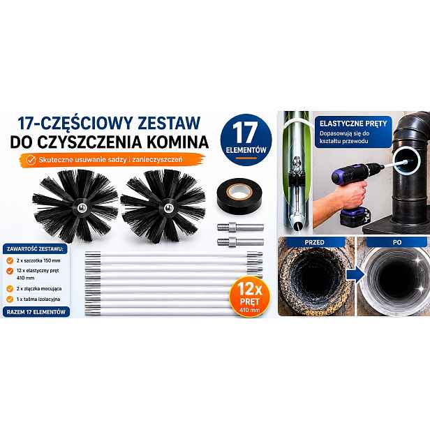 Sada na čištění komína zespodu, 17 dílů