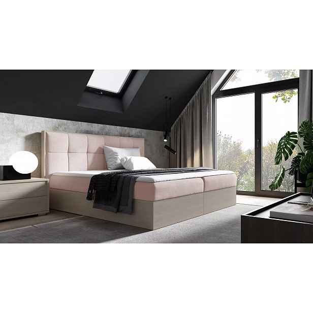 Čalouněná manželská postel 140x220 CHANTELLE 8 - nordic teak / růžová + topper ZDARMA