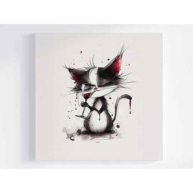 Obraz Na Plátně Canvas Grafika Kresba Kočka Kocur Víno Sklenička 50x50