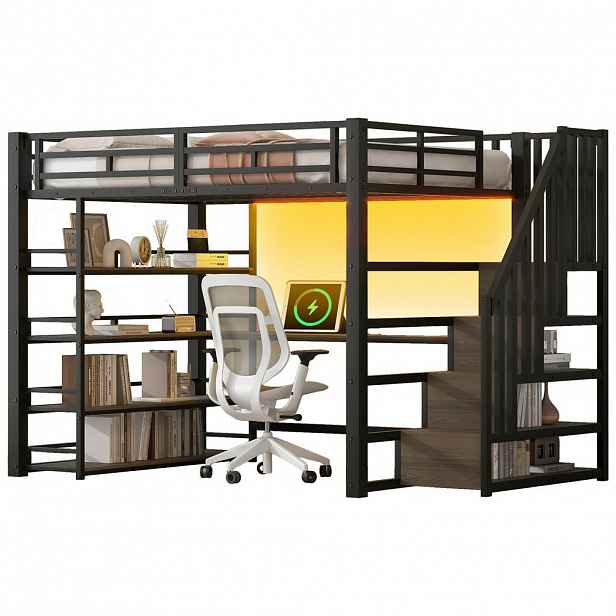 CHICFURN VYVÝŠENÁ POSTEL 140/200 cm v černé barvě s psacím stolem, LED a nabíjením