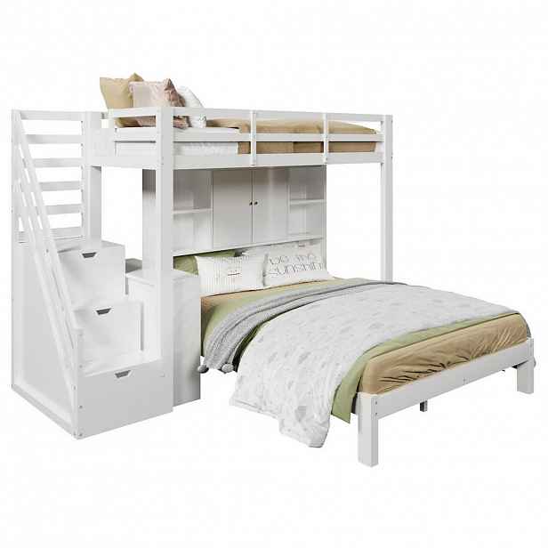 OKWISH PATROVÁ postel 90/200 cm a 140/200 cm bílá z masivního dřeva a MDF s úložným schodem
