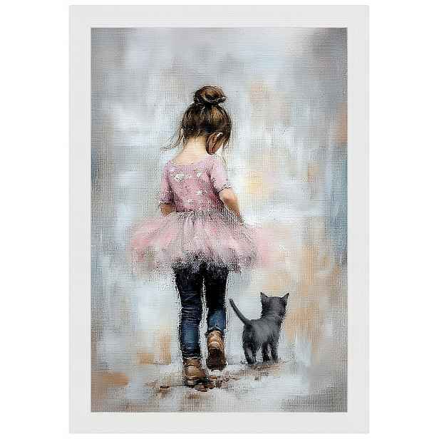 Plakát Rámeček Dřevo Dívka Růžová Princezna Kočka Procházka 40x60