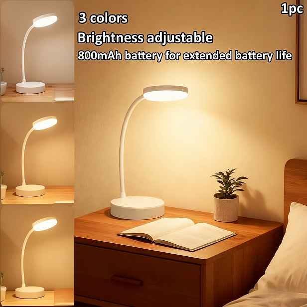 TEMU Tato moderní LED stolní lampa/noční světlo má 360° nastavitelné rameno, tři teploty , nastavitelný jas a USB dobíjecí 800mAh baterii. Je vhodná