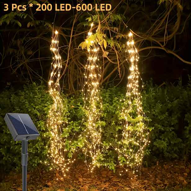TEMU Balení 1/2/3 ks Závěsných Solárních Pohádkových Venkovních Řetězových Světel, 8 Režimů, 200/400/600 LED Závěsných Světel z Konského Ocasu a
