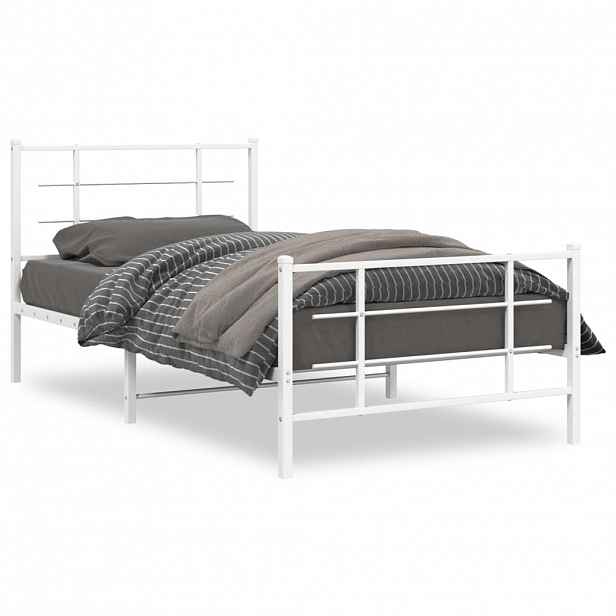 vidaXL Kovový rám postele s hlavovým a nožním čelem bílý 107 x 203 cm