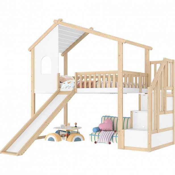 OKWISH VYSOKÁ dětská postel 90/200 cm přírodní/bílá s klouzačkou a úložnými schody z masivního borovicového dřeva