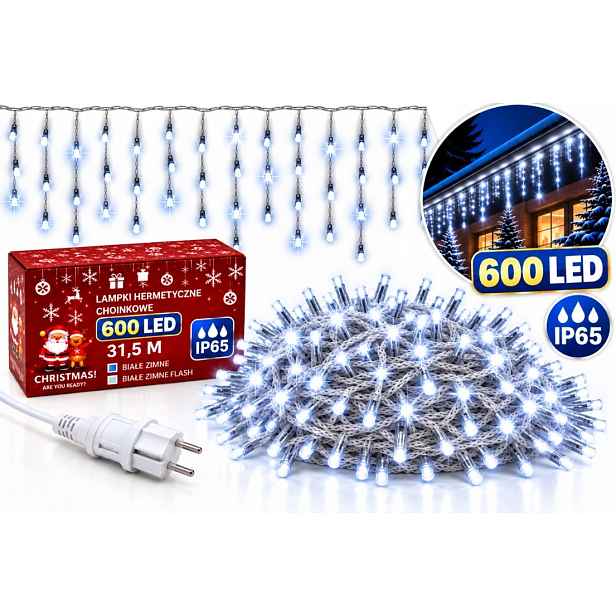 Vánoční Osvětlení Rampouchy 600 Led 31,5 M Studená Bílá Venkovní Flash