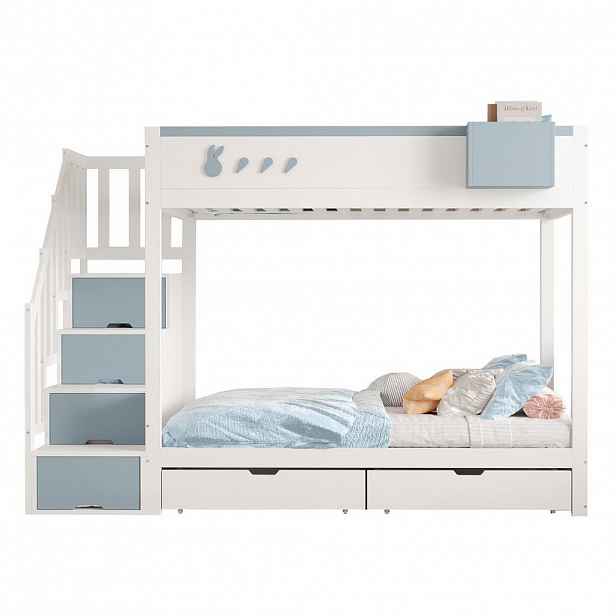 OKWISH PATROVÁ postel 90/200 cm bílá+modrá s motivem králíků a odnímatelným úložným prostorem