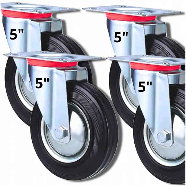 4x Kolečka 120MM 5" Pojízdné Otočné Kolečko Kovovo Gumové Otočné Do Kočárku
