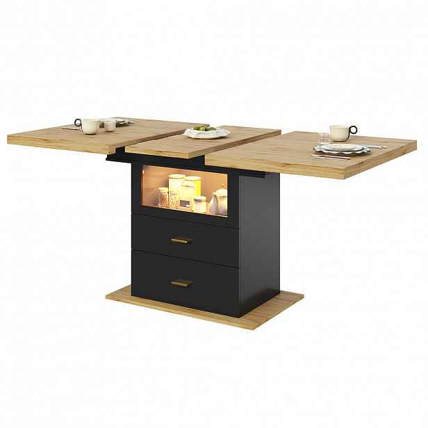 Modfu JÍDELNÍ stůl 140x80x75 cm v dekoru dřeva a černý z MDF a kovu s LED a 2 zásuvkami