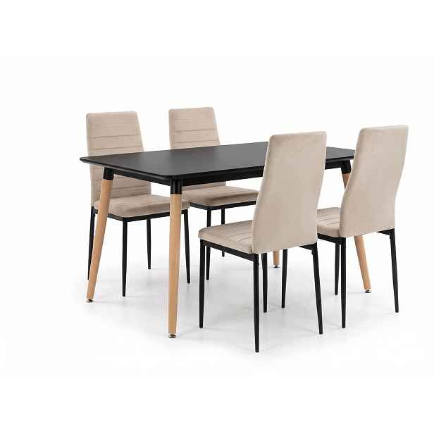 Jídelní stůl 120x80 cm černý s bukovými nohami 4 čalouněné židle Axell v béžové barvě
