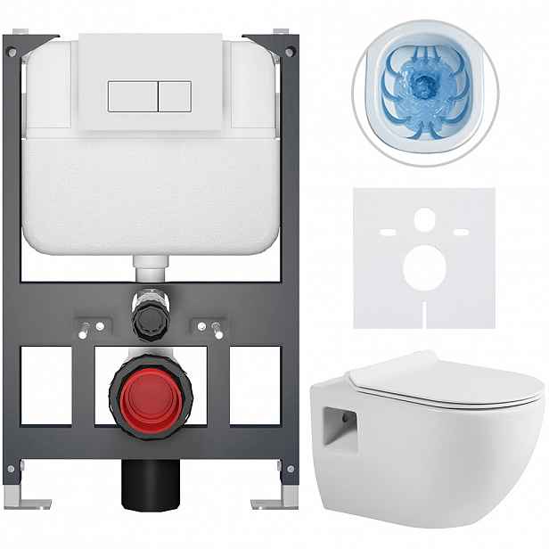 Kompletní WC set Basic/Dure - bílá lesklá - WC tlačítko Modulo/Bílá - závěsné - nízký modul - předstěnová instalace - 51x35 cm