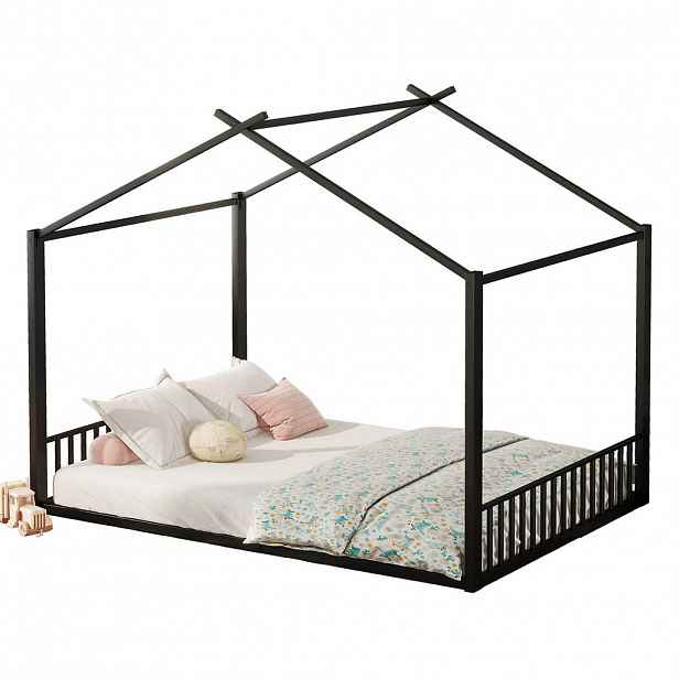 CHICFURN DĚTSKÁ POSTEL 140/200 cm v černé barvě s kovovým designem domečku