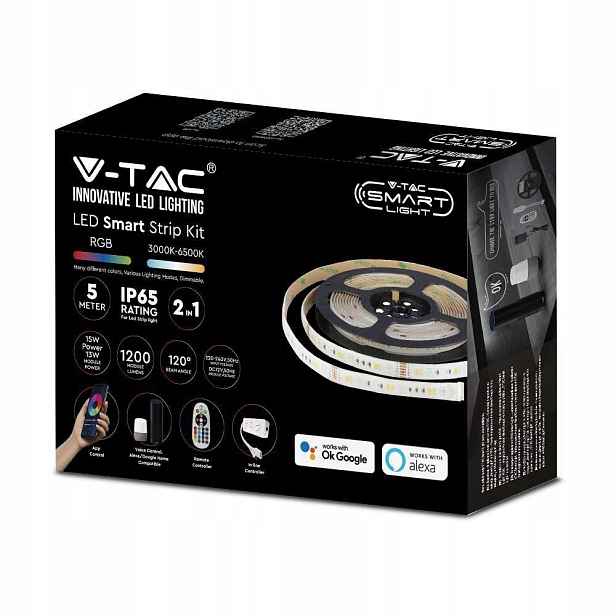 Led pásek Smart WiFi 5 m 12 V Rgb bílé variabilní světlo, voděodolný V-tac