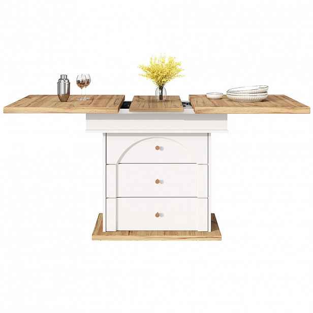 Modfu JÍDELNÍ stůl z MDF 110-140x80x75 cm přírodní/bílá rozkládací se skrytým úložným prostorem