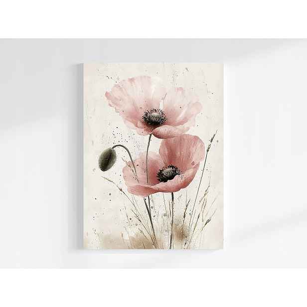 Obraz Na Plátně Canvas Akvarel Zahrada Květiny Růžový Mák Scandi Boho 60x80