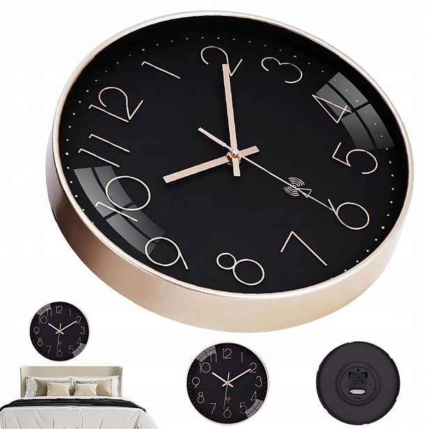 Rádiový nástěnný hodinový stroj Tichý 30 cm Černo-růžově zlatý pro dům a kancelář