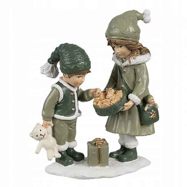 Dekorativní figurka dětí v zeleném plášti s podnosem na sušenky 10x5x13 cm