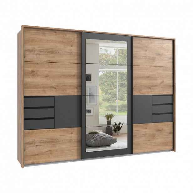 luma-home SKŘÍŇ S POSUVNÝMI DVEŘMI, 3dveřová, 273 × 213 × 64 cm (Š×V×H), dekor dub s grafitovými akcenty, pasparta/zrcadlo/zásuvky / 22506