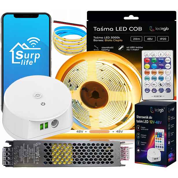 Sada Led pásků Cob 48V 20 m 480 diod 3000K Bílá Ovladač Dálkový Ovladač Napájecí Zdroj