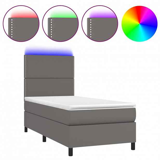 vidaXL Box spring postel s matrací a LED šedá 100x200 cm umělá kůže
