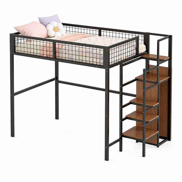 CHICFURN VYSOKÁ POSTEL 140/200 cm v černé barvě se žebříkem, policí a skříní