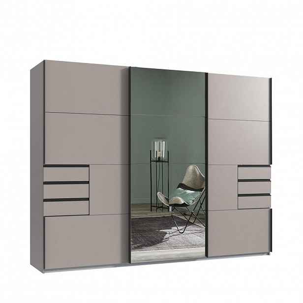 luma-home SKŘÍŇ S POSUVNÝMI DVEŘMI, 3dveřová, šířka 270 cm, výška 208 cm, hloubka 64 cm, pískově šedá, s jedním zrcadlovým křídlem, se zásuvkami / 226